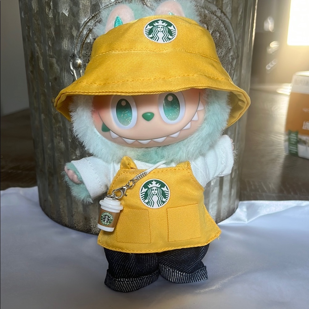 New fashion Starbucks Labubu outfit with coffee accessory.